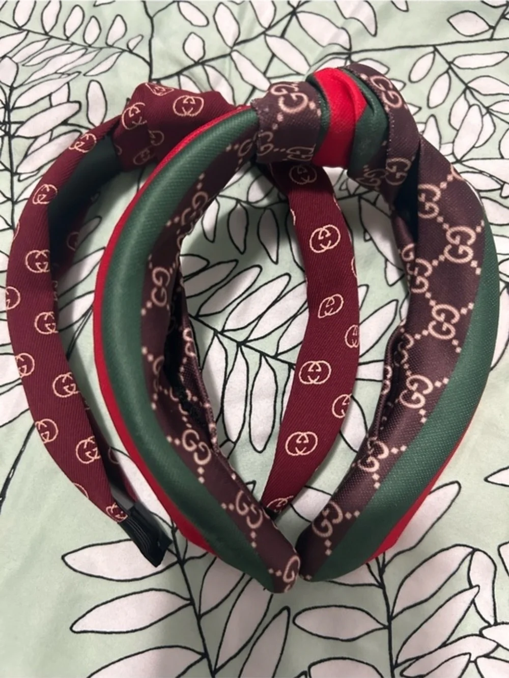 Logo-Pattern Padded Headband Duo in Brown, Green & Red
